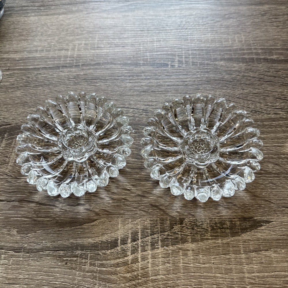 Vintage Hazel Atlas Glass Sunflower Hobnail Candle Holder Set of 2